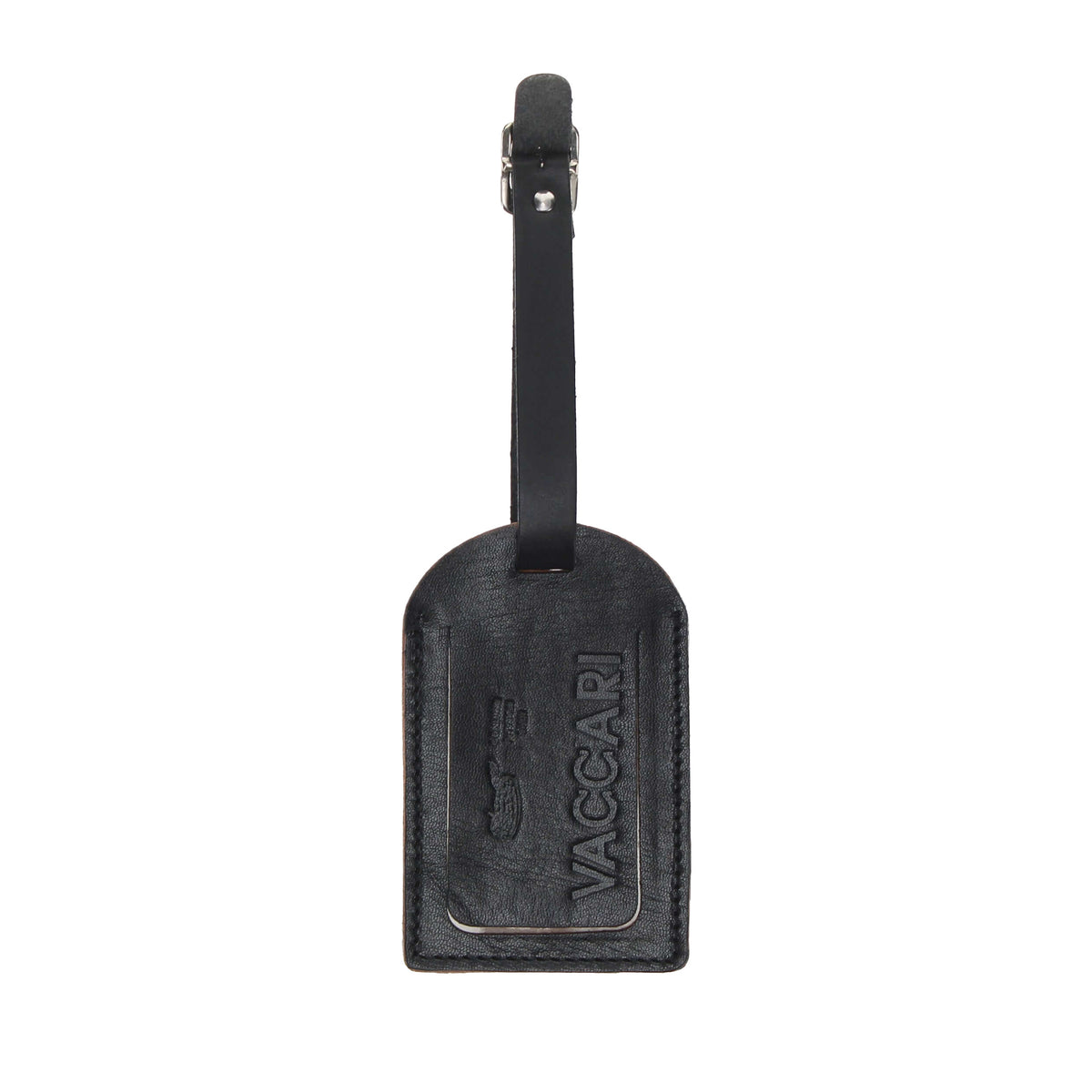 Black leather luggage tag with embossed logo and attached strap