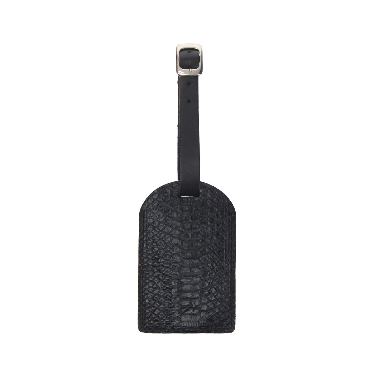 Black python-textured luggage tag with hanging strap and metal buckle