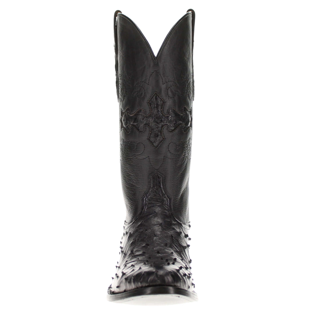 Mens black leather western boots with round toe and decorative stitching, featuring full-quill ostrich leather on the foot for added texture.