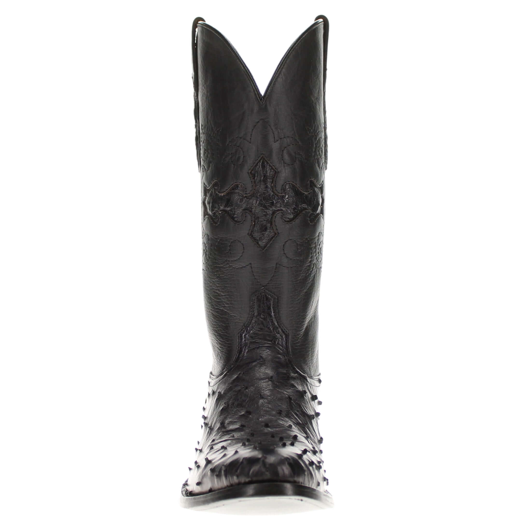 Mens black leather western boots with round toe and decorative stitching, featuring full-quill ostrich leather on the foot for added texture.
