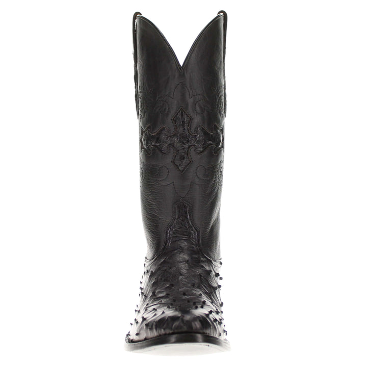 Mens black leather western boots with round toe and decorative stitching, featuring full-quill ostrich leather on the foot for added texture.