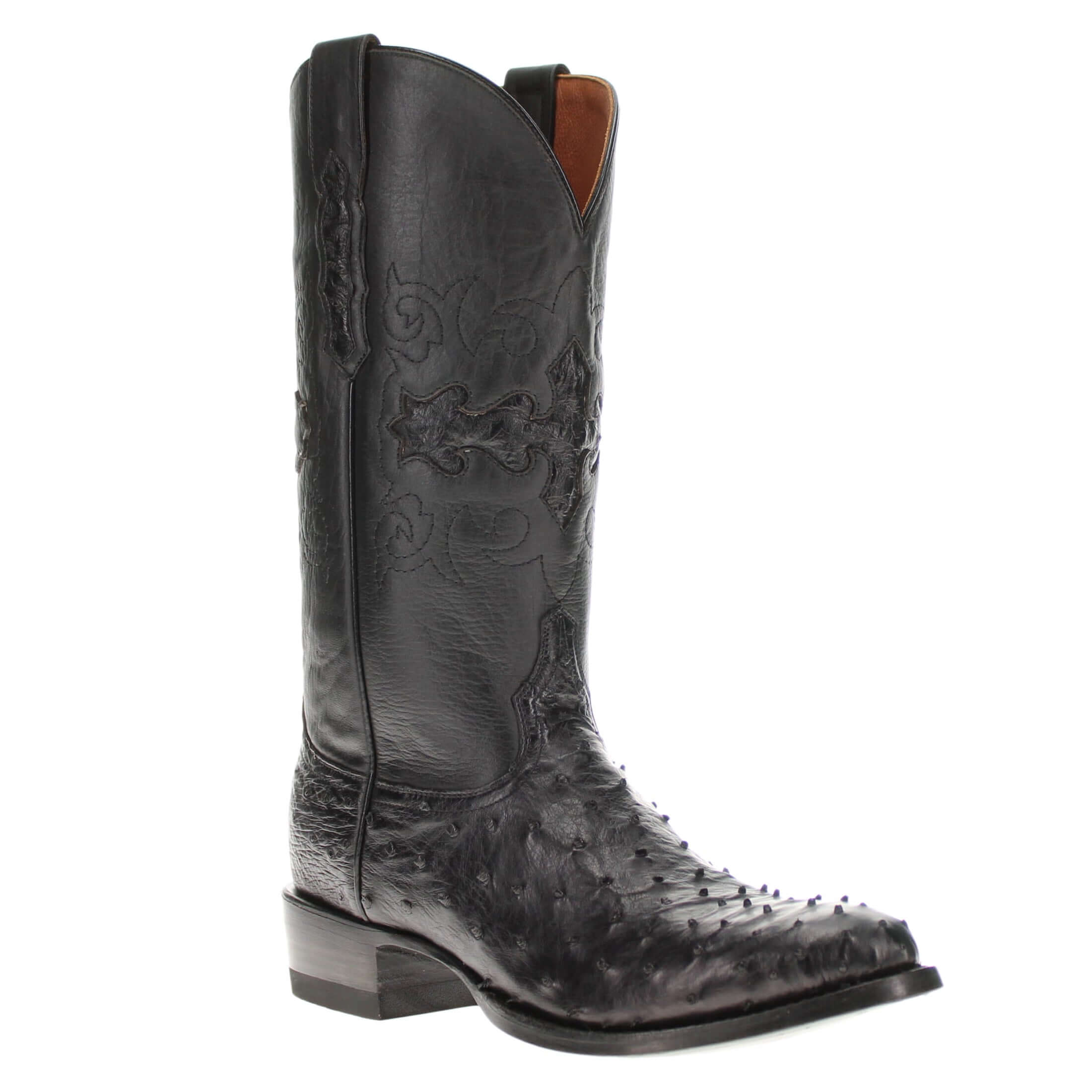Mens black leather western boots with round toe and decorative stitching, featuring full-quill ostrich leather on the foot for added texture.