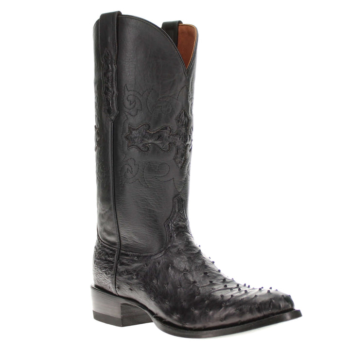 Mens black leather western boots with round toe and decorative stitching, featuring full-quill ostrich leather on the foot for added texture.