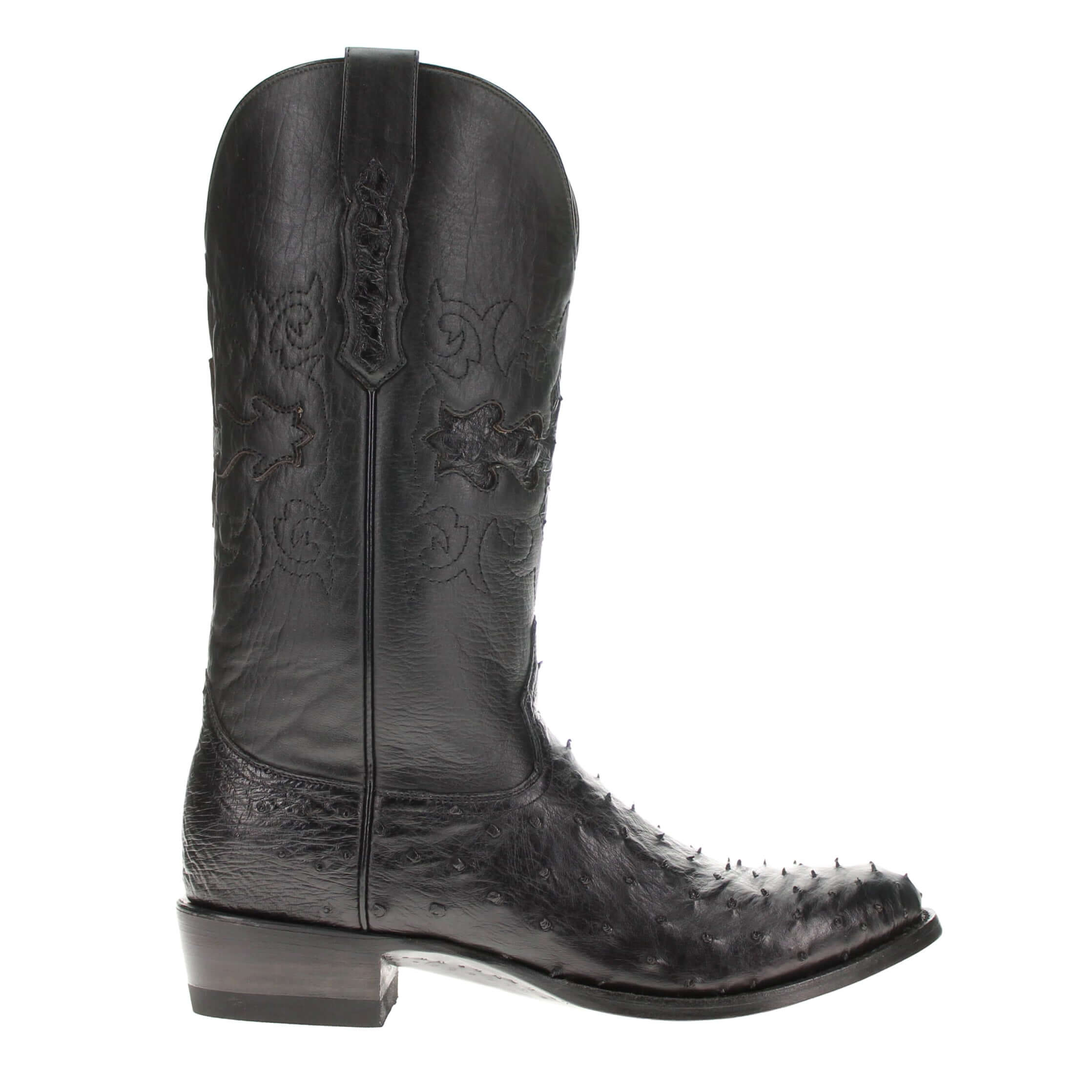 Mens black leather western boots with round toe and decorative stitching, featuring full-quill ostrich leather on the foot for added texture.