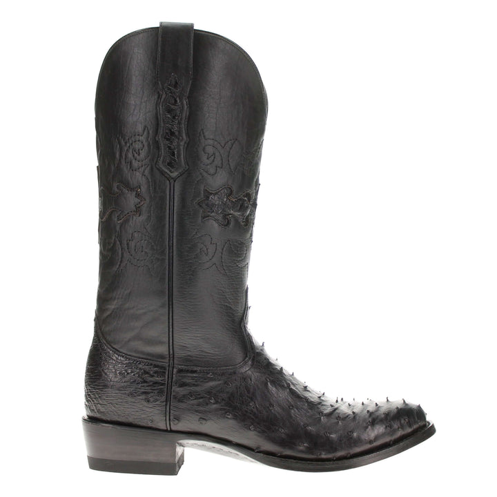 Mens black leather western boots with round toe and decorative stitching, featuring full-quill ostrich leather on the foot for added texture.
