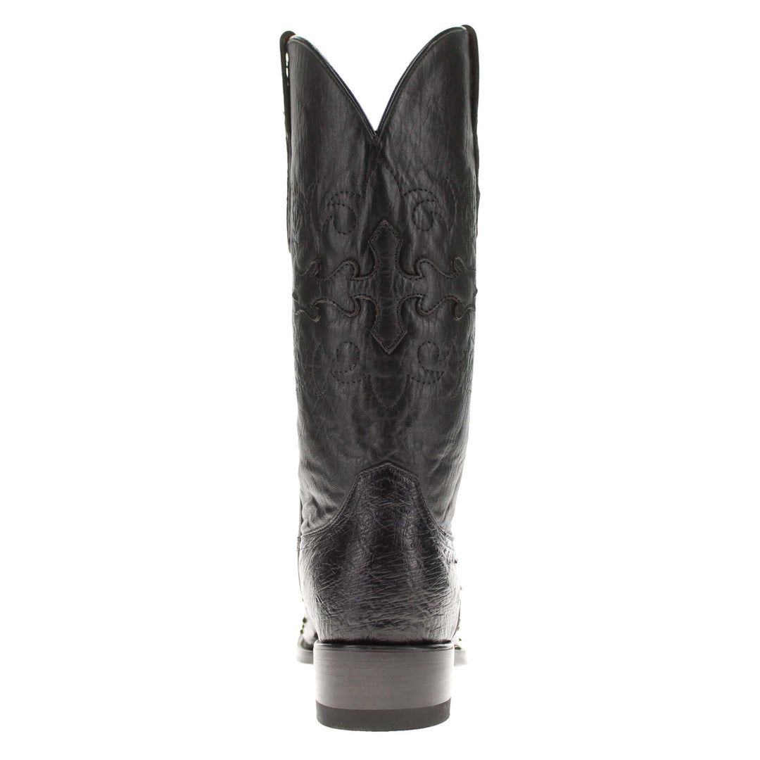 Mens black leather western boots with round toe and decorative stitching, featuring full-quill ostrich leather on the foot for added texture.