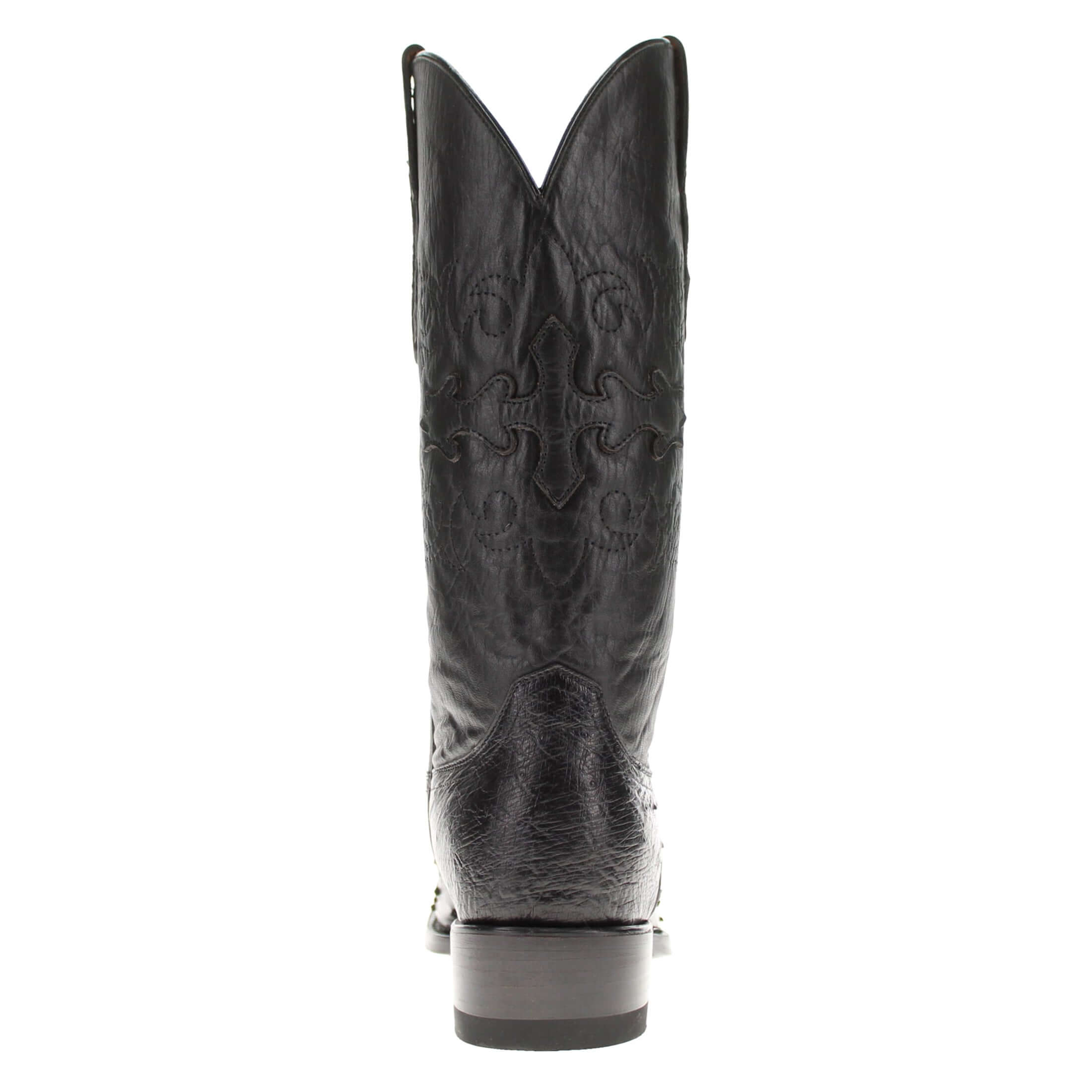 Mens black leather western boots with round toe and decorative stitching, featuring full-quill ostrich leather on the foot for added texture.