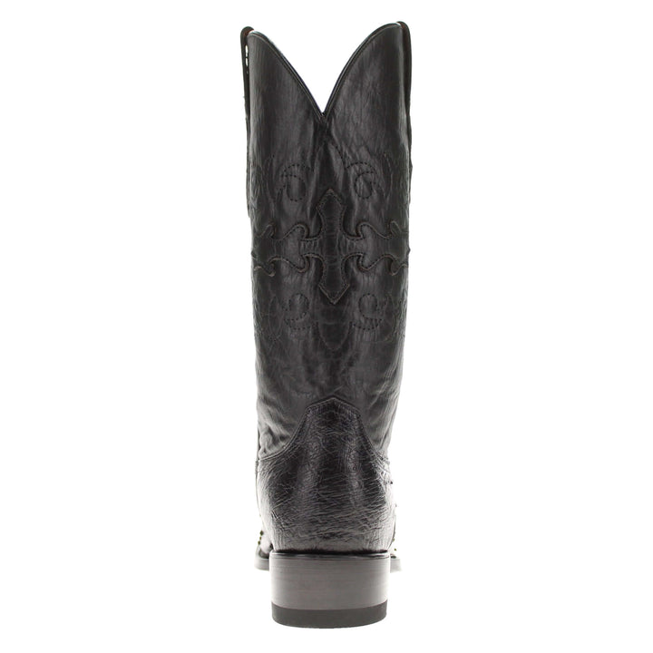 Mens black leather western boots with round toe and decorative stitching, featuring full-quill ostrich leather on the foot for added texture.