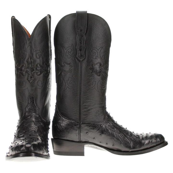 Mens black leather western boots with round toe and decorative stitching, featuring full-quill ostrich leather on the foot for added texture.
