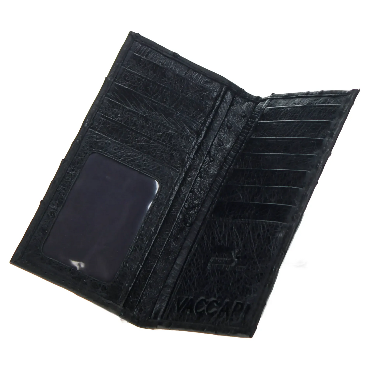 Dark checkbook wallet open, multiple card slots and front card pocket