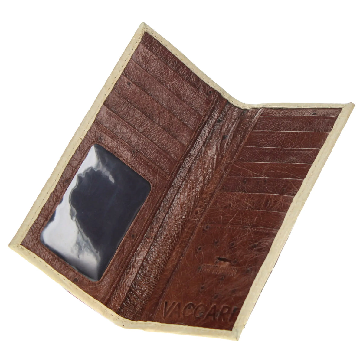 Brown checkbook wallet with leather card slots and clear window pocket