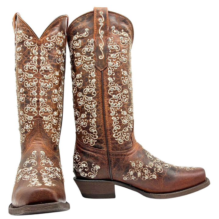 Women's Vaccari Cognac Snip Toe Crystal Embellished Cowgirl Boots | Brooklyn #select-a-toe_narrow-square