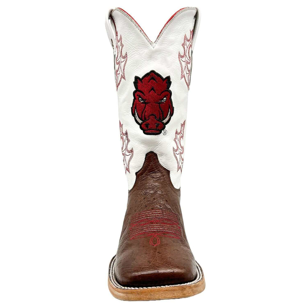 Men's University of Arkansas Razorbacks Mocha Broad Square Smooth Ostrich Cowboy Boots Brooks by Vaccari