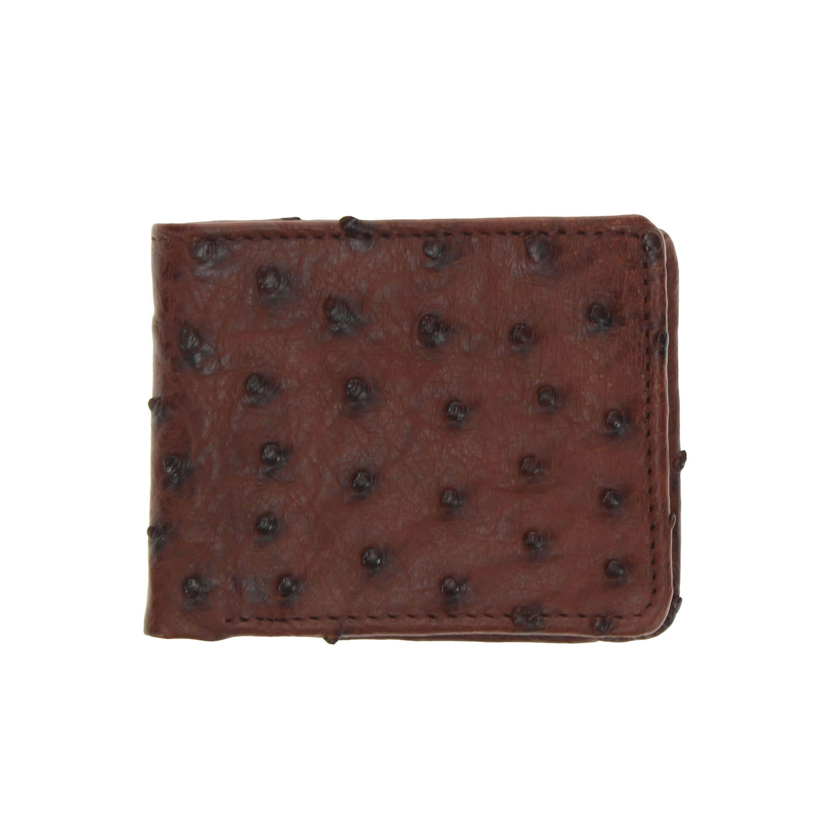 Ostrich quill billfold wallet with dark brown textured front and metal snap