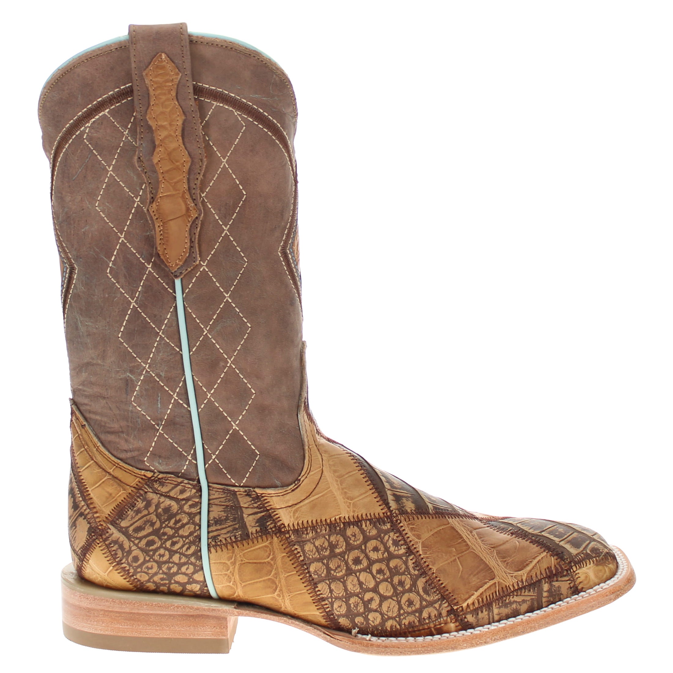 Men's Tan Patchwork Alligator Belly Square Toe Cowboy Boots Holden by Vaccari