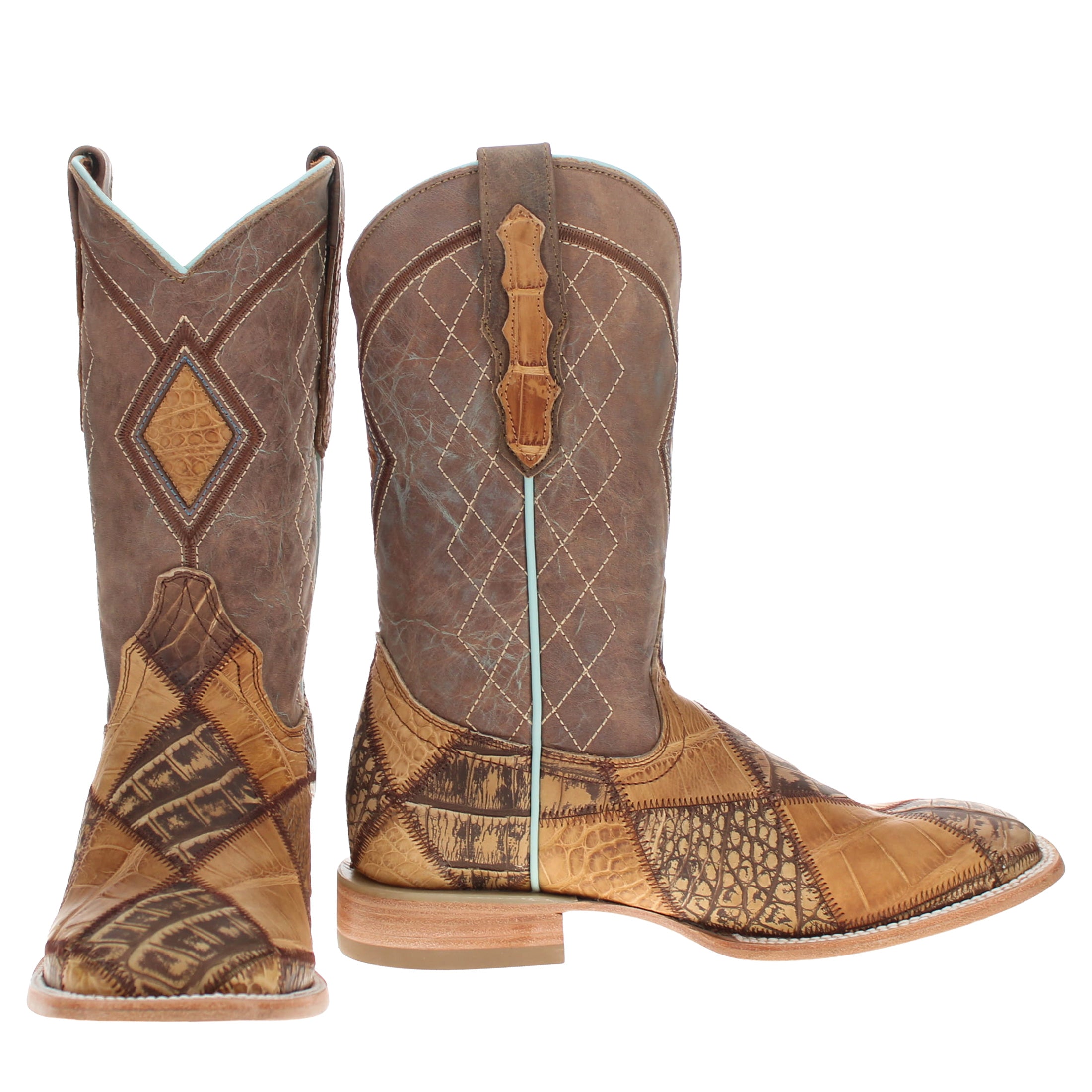 Men's Tan Patchwork Alligator Belly Square Toe Cowboy Boots Holden by Vaccari