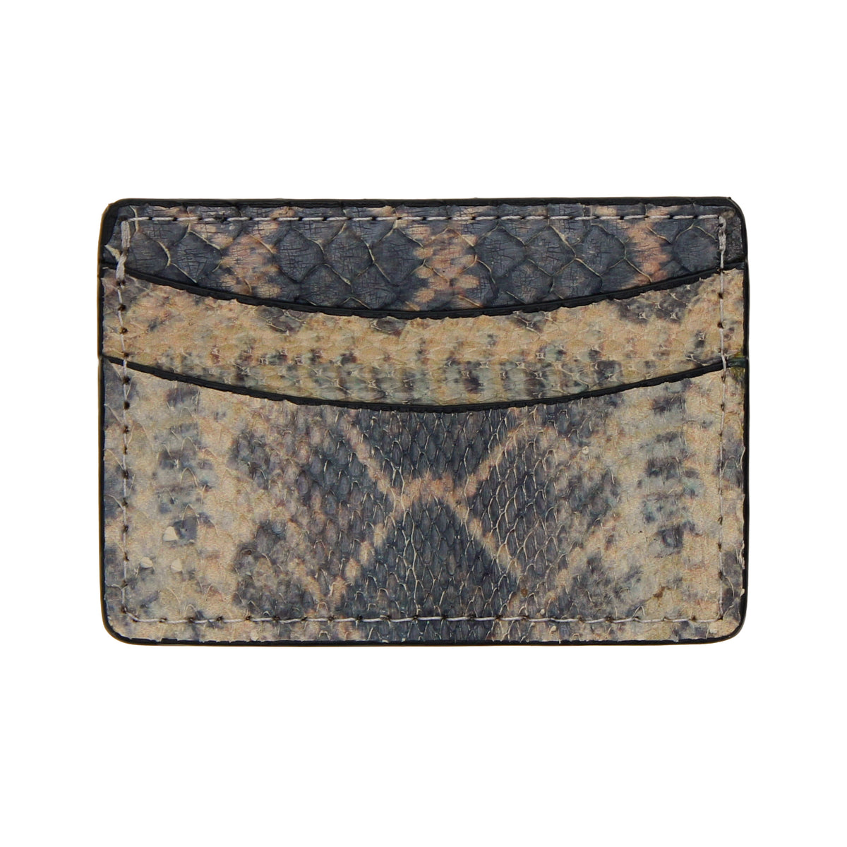 Python card holder with snap flap, blue and tan textured snake-skin pattern