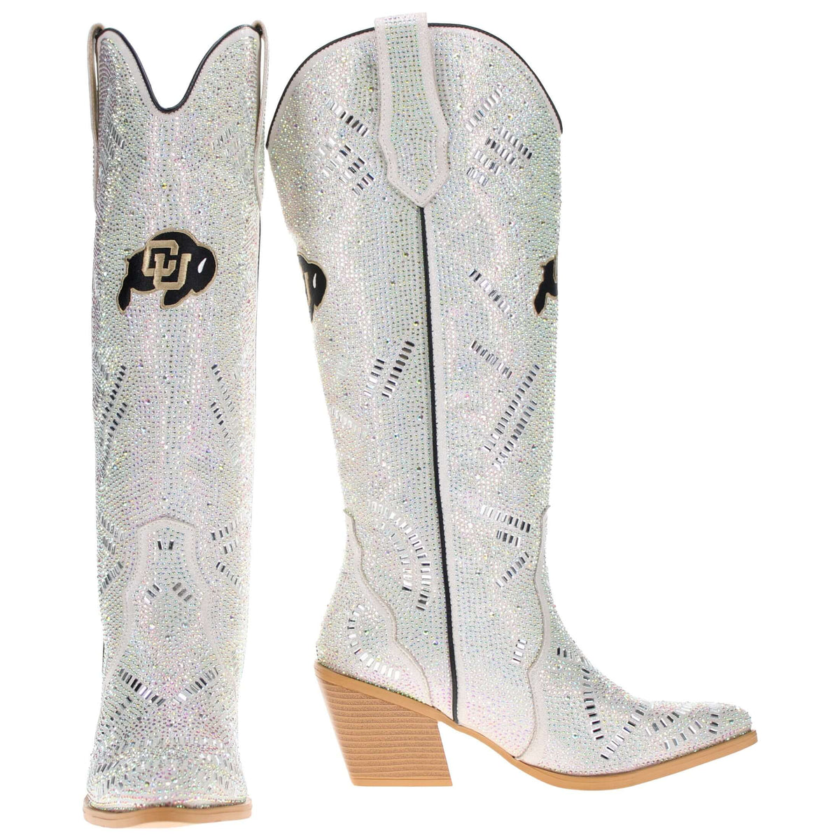 Rhinestone cowboy boots set, white/silver with stacked wood-look heels and shafts