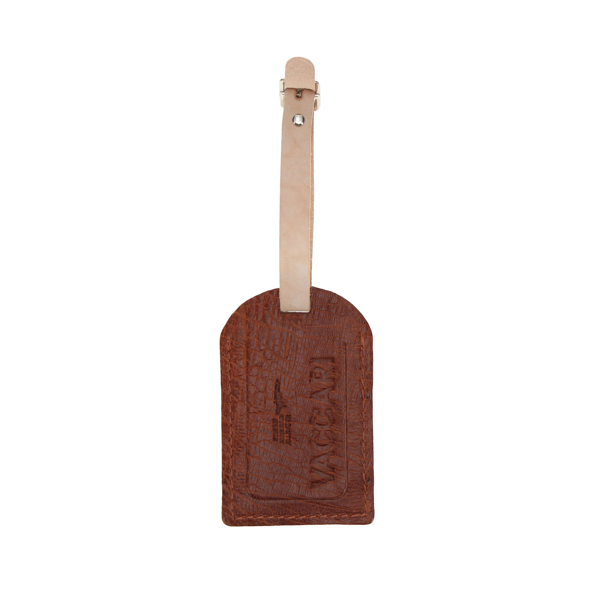 Brown leather luggage tag with embossed alligator pattern and top strap