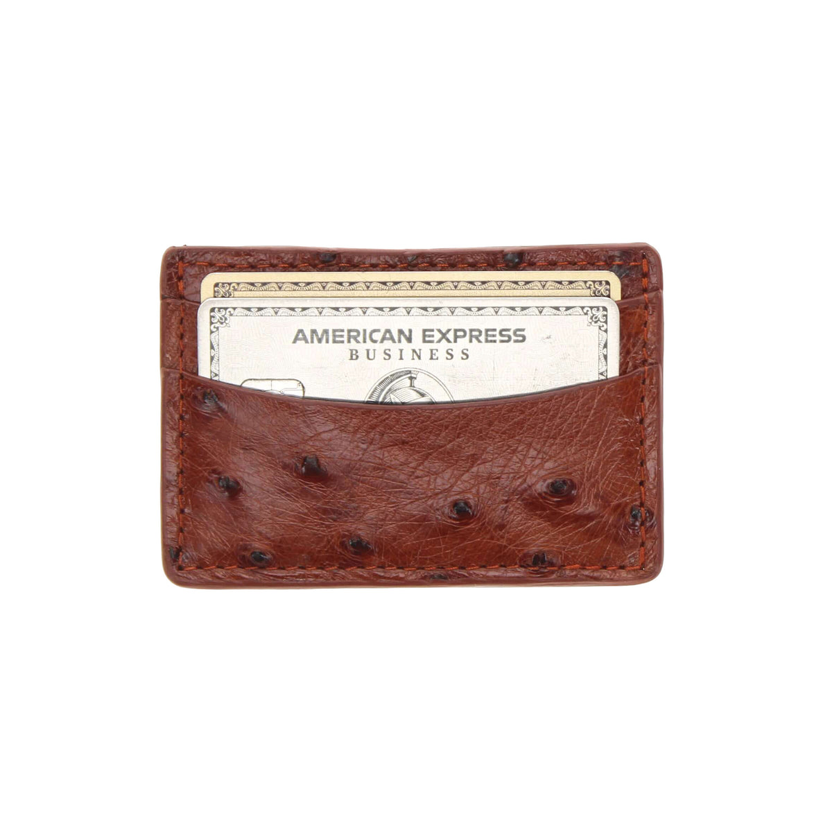 Brown ostrich leather card holder with clear card window for American Express