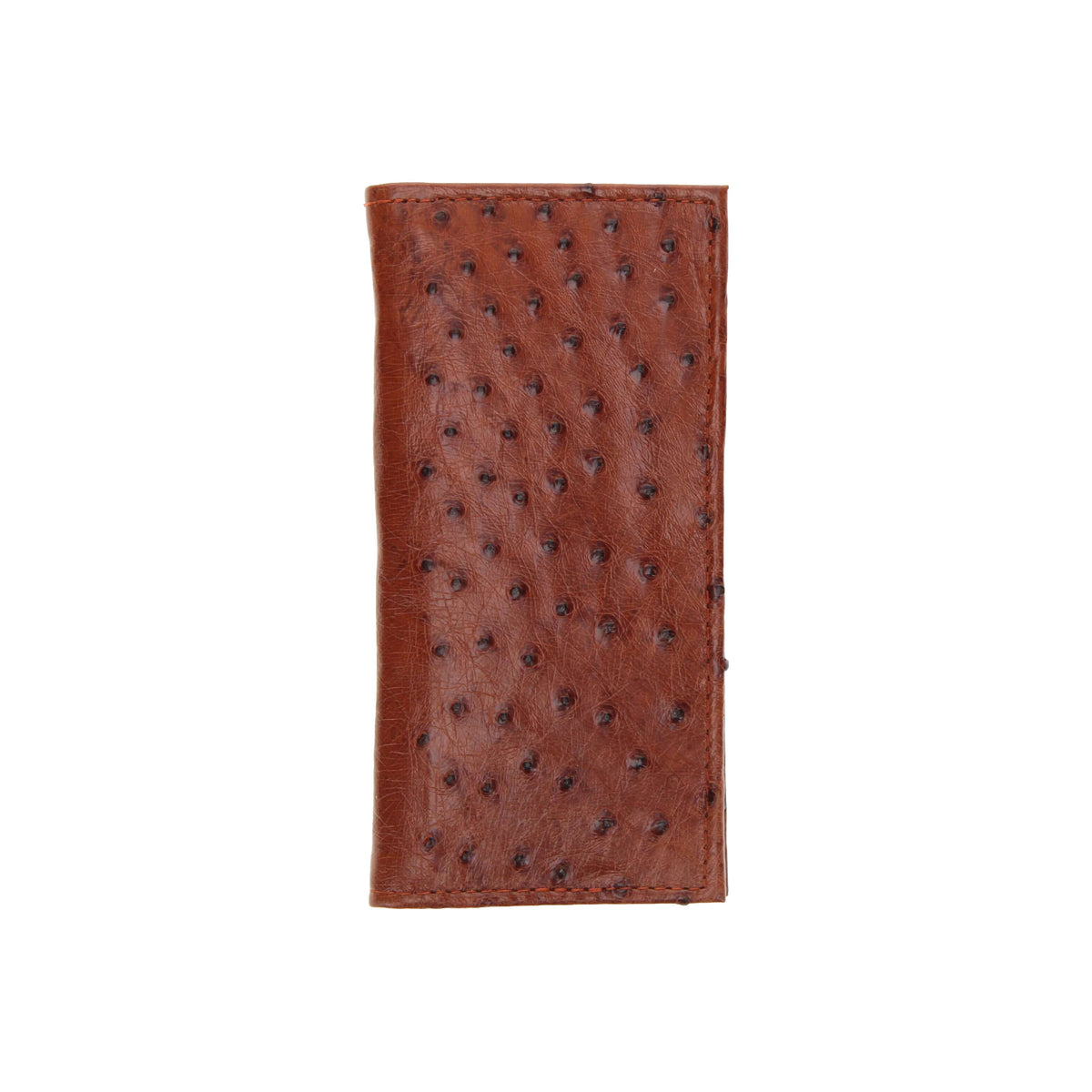 Ostrich quill checkbook wallet in brown, textured leather exterior