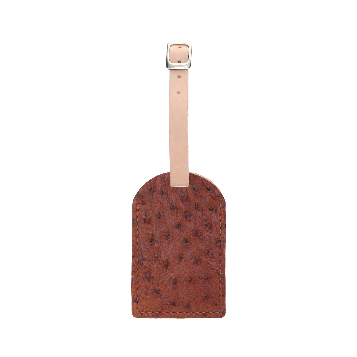Ostrich-leather luggage tag with top strap and rounded rectangular face, brown.