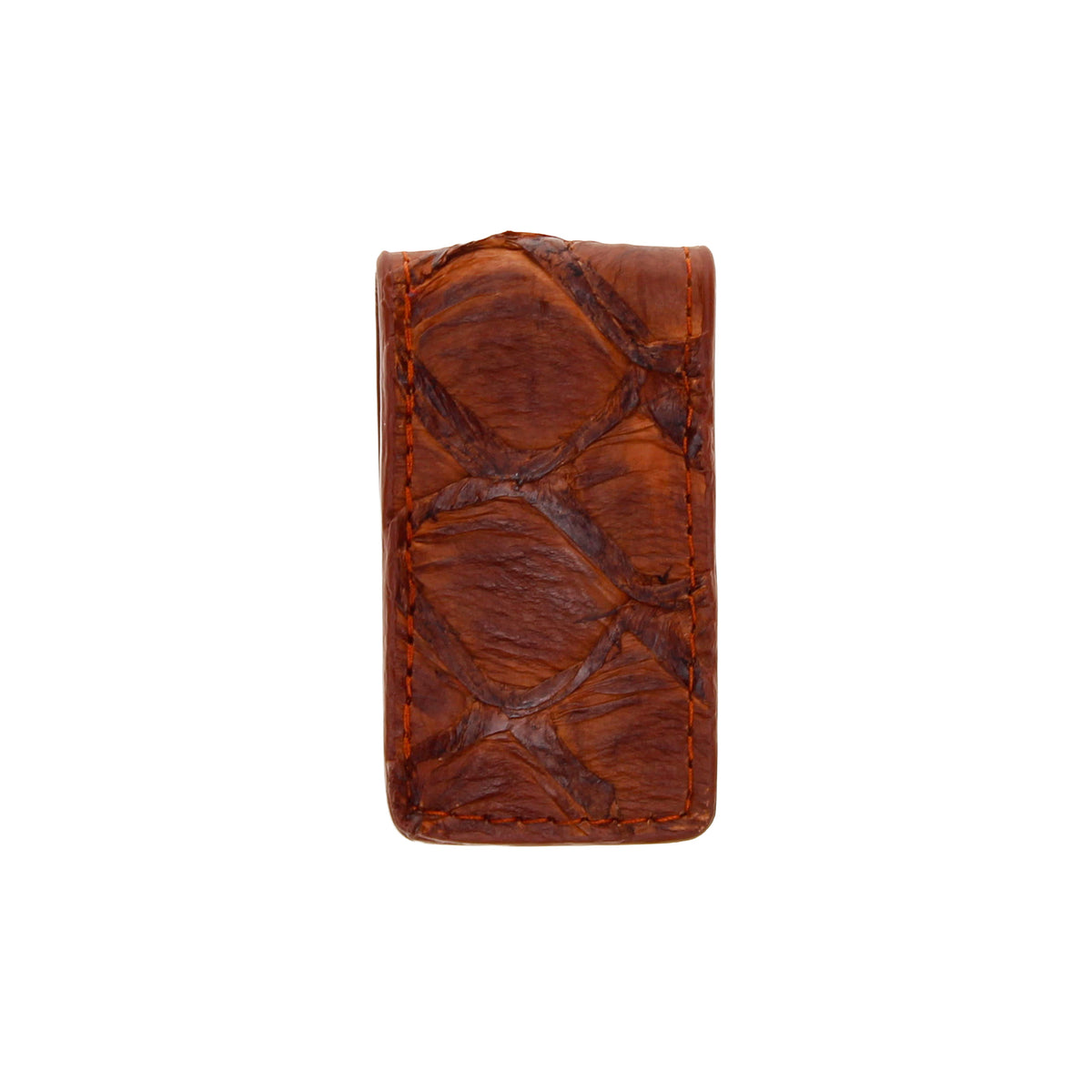 Brown leather money clip holder with embossed fish-scale texture