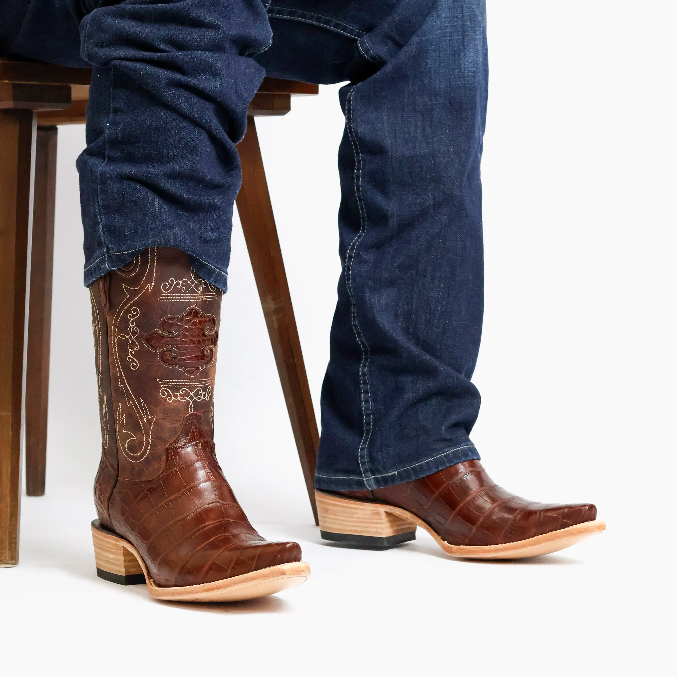 Men's Rustic Cogac American Alligator Belly Retro Toe Cowboy Boots by Vaccari