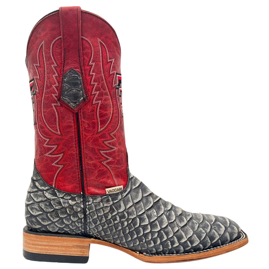 Men's Texas Tech Red Raiders Red and Black Python Print Square Toe Cowboy Boots Cooper by Vaccari