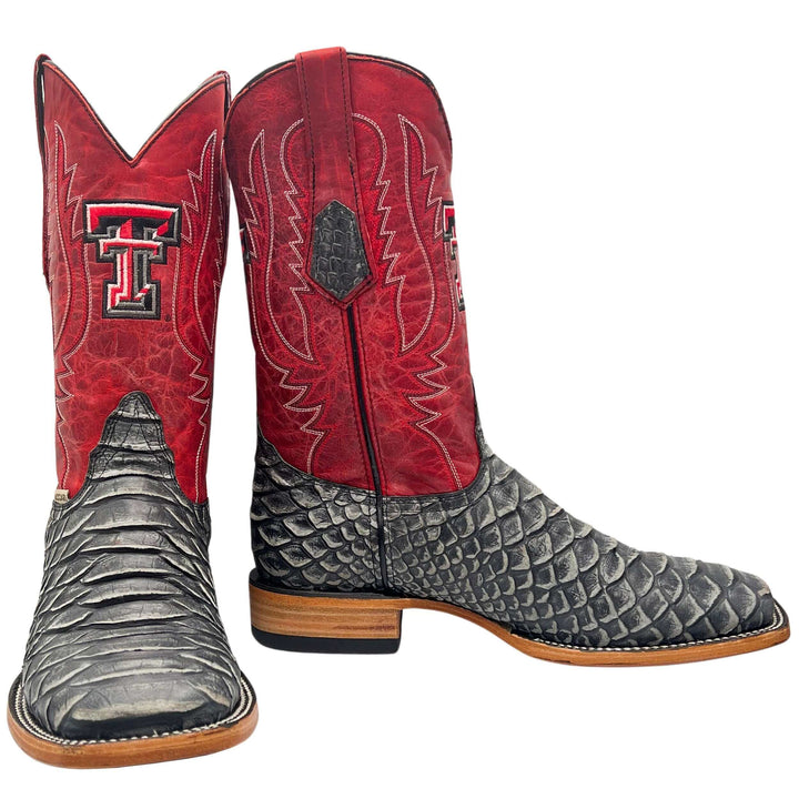 Men's Texas Tech Red Raiders Red and Black Python Print Square Toe Cowboy Boots Cooper by Vaccari