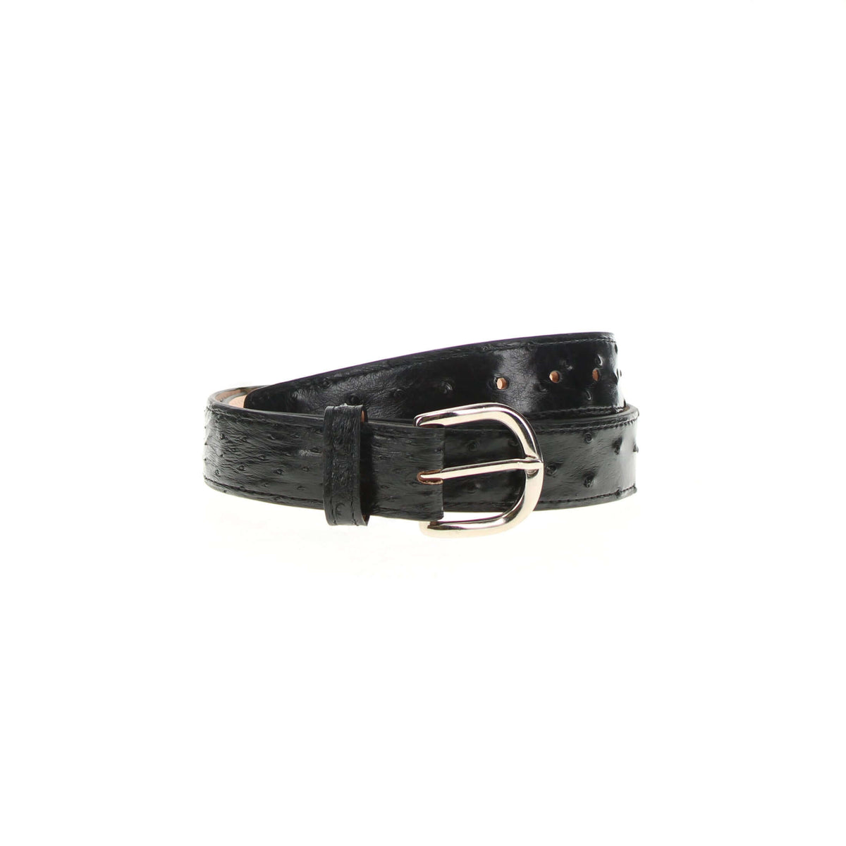 Black ostrich quill belt with silver buckle and evenly spaced eyelets