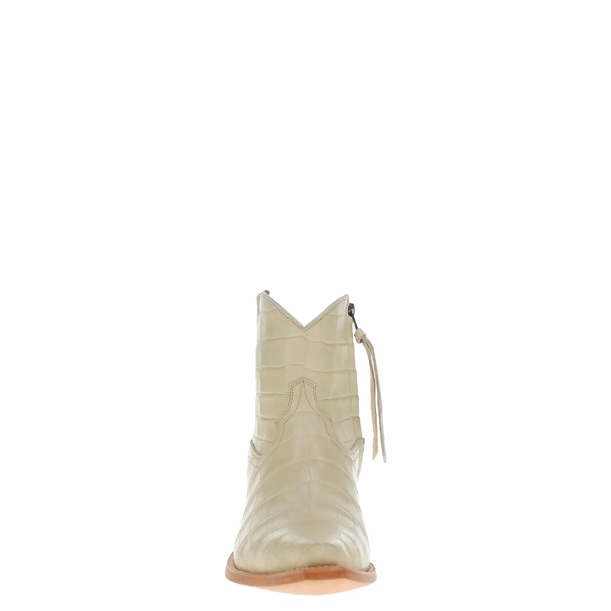 ivory alligator belly ankle boot with pointed toe, side zipper, and tassel pull detail