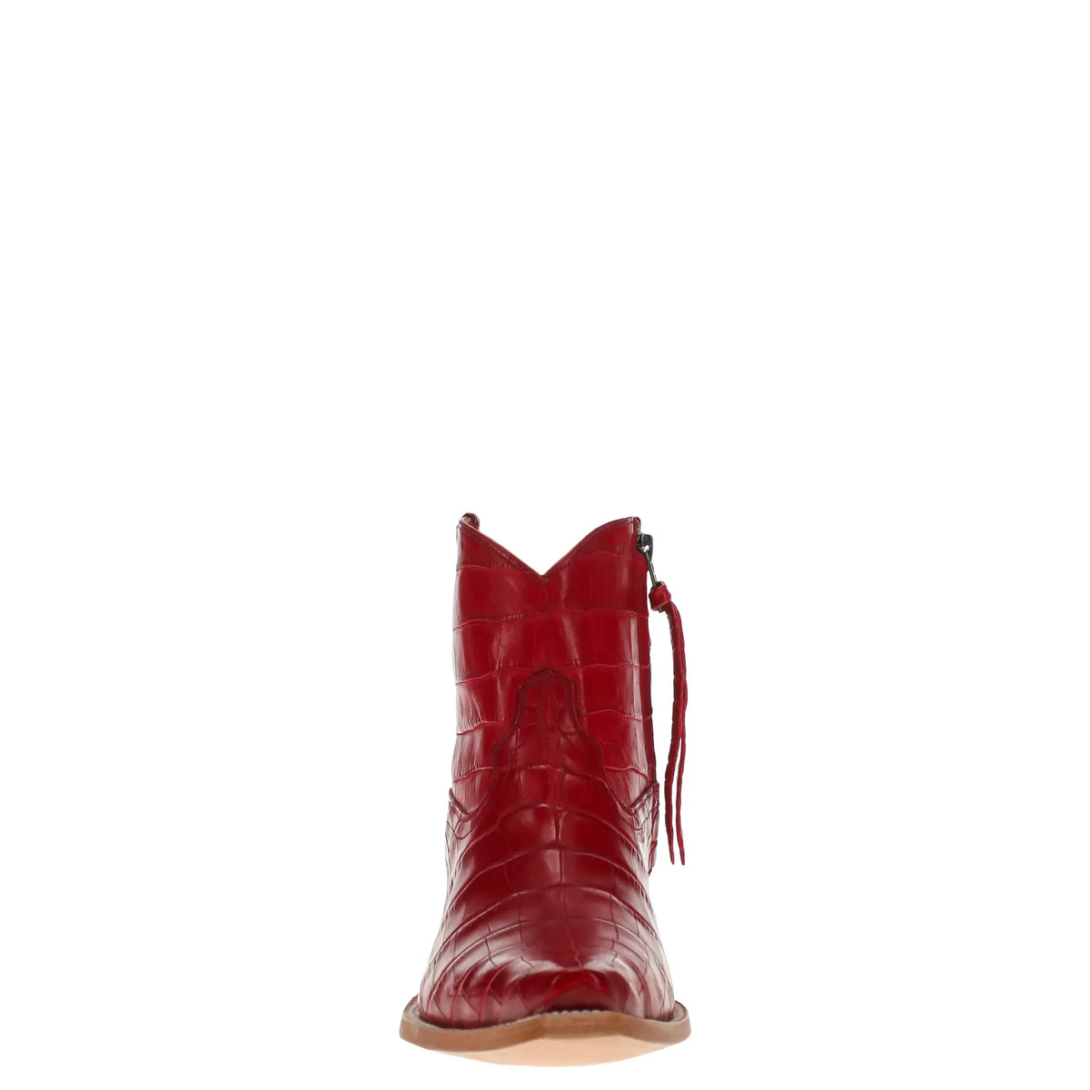 Red alligator belly pull-on cowboy boot with tan welt and stacked wood heel