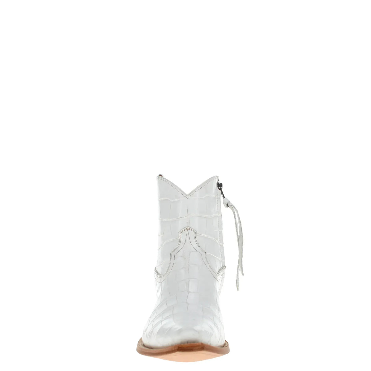White alligator belly ankle boot with side pull tab and brown low heel.