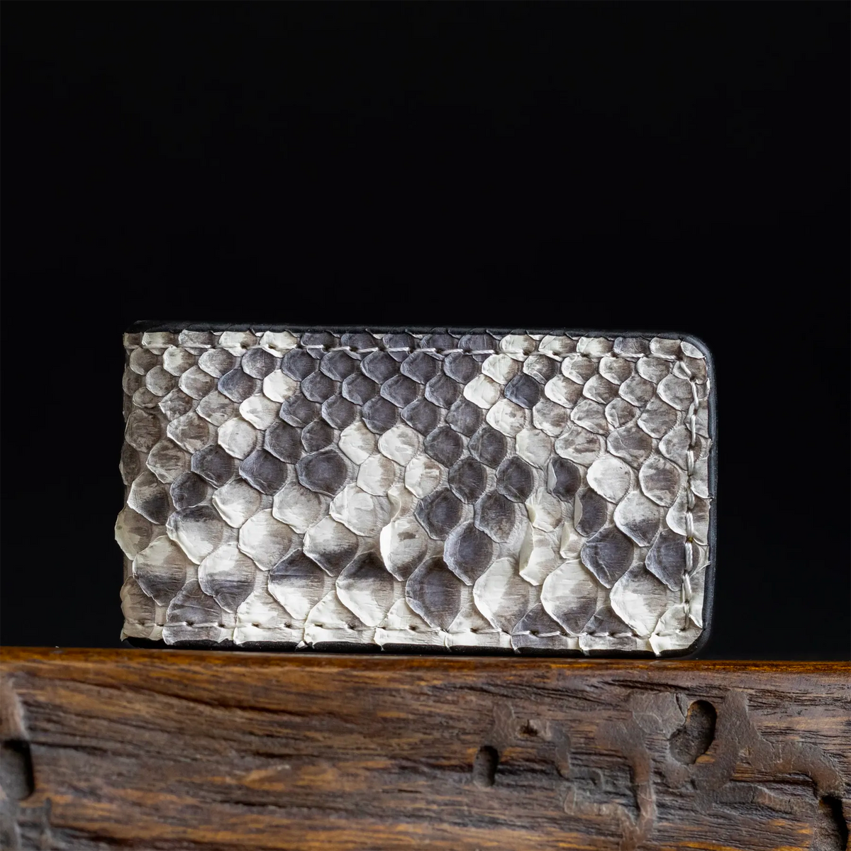 Embossed python leather money clip, silver-gray, metal clasp edge