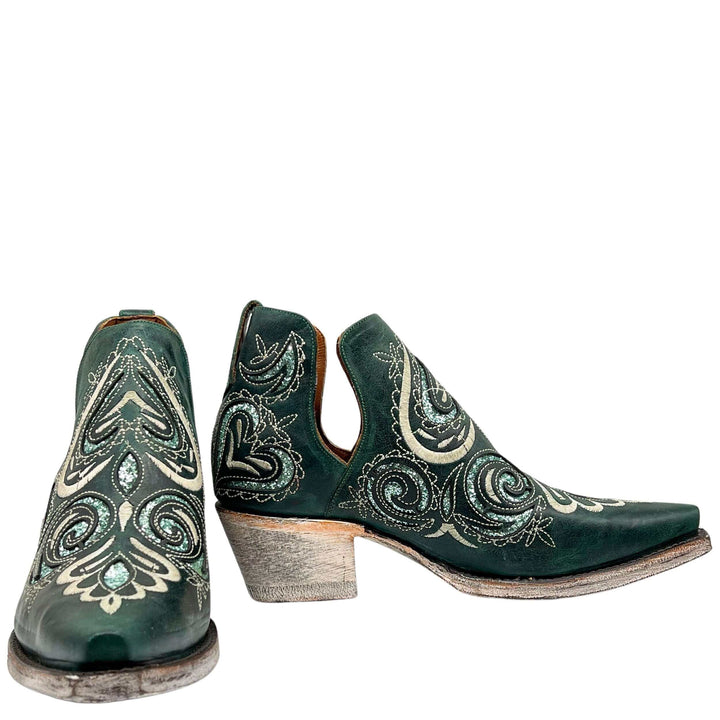 Women's Green Western Booties with Glitter Inlays by Vaccari