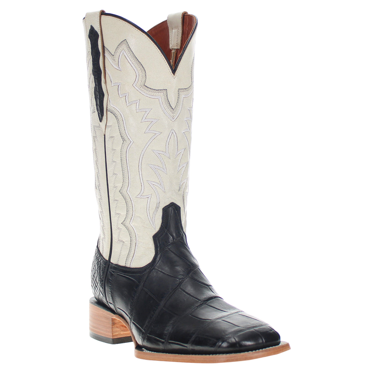 Cream top and black foot cowboy boots with pointed toe and tan stacked heel