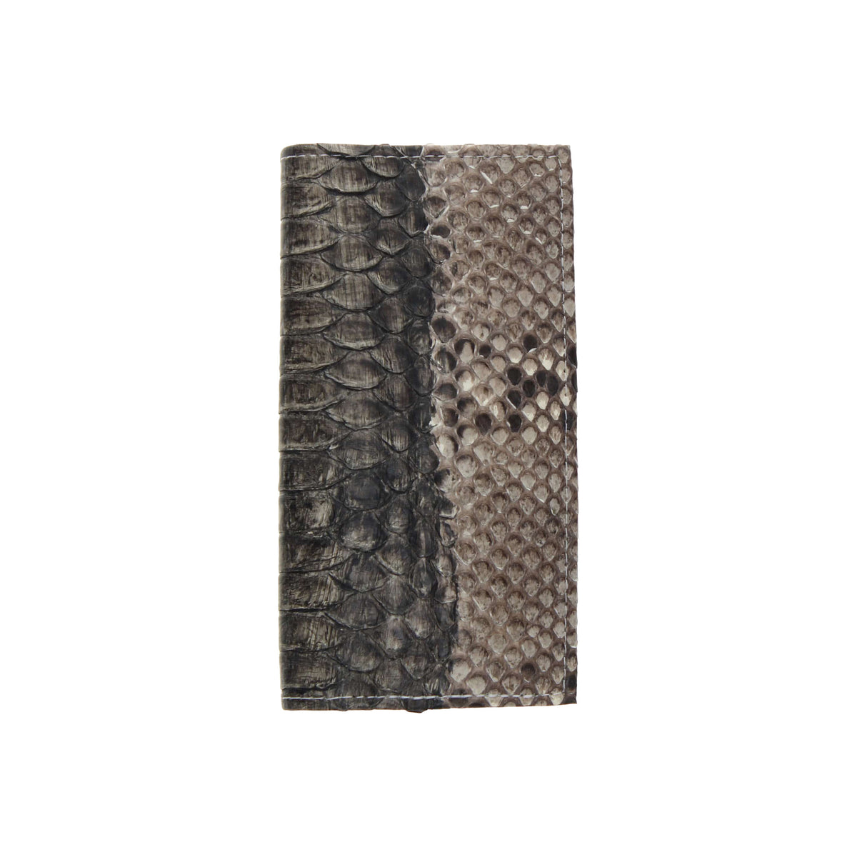 Python checkbook wallet with dark and tan scale pattern, front panel