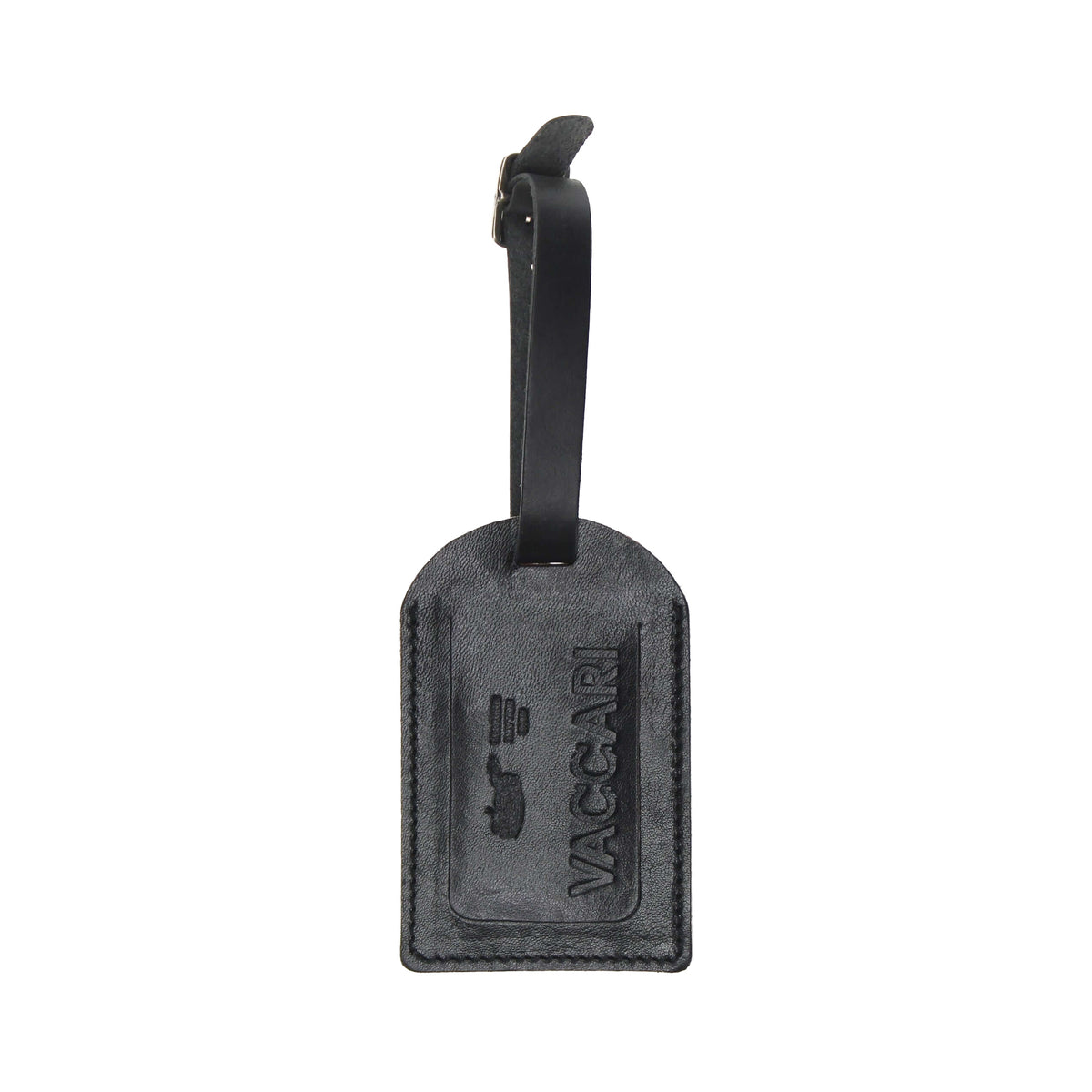 Black textured luggage tag with hanging strap, embossed badge detail