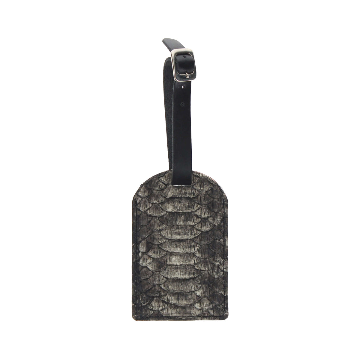 Python-print luggage tag with black loop strap and metal buckle