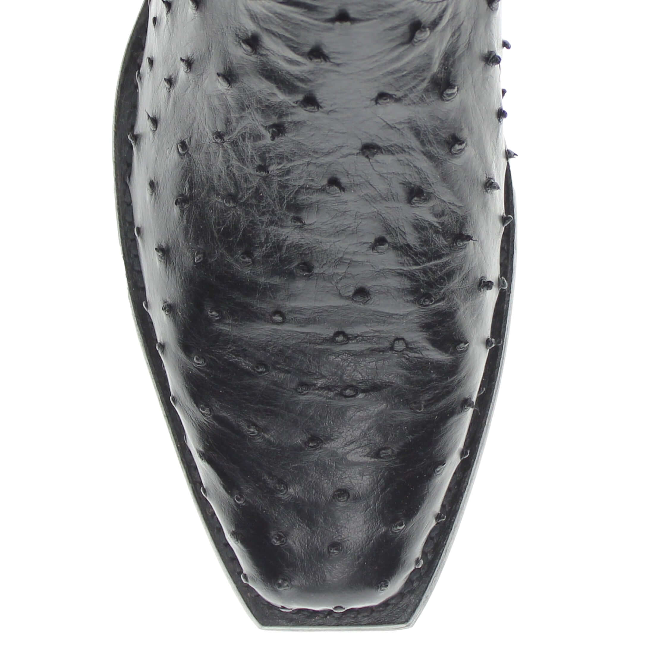 Mens black leather western boots with round toe and decorative stitching, featuring full-quill ostrich leather on the foot for added texture.