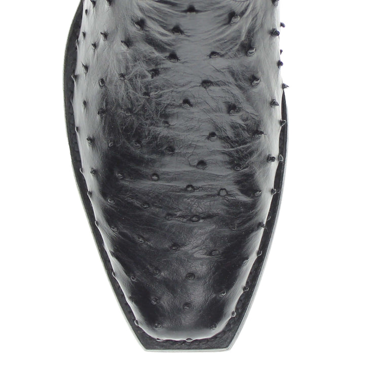 Mens black leather western boots with round toe and decorative stitching, featuring full-quill ostrich leather on the foot for added texture.