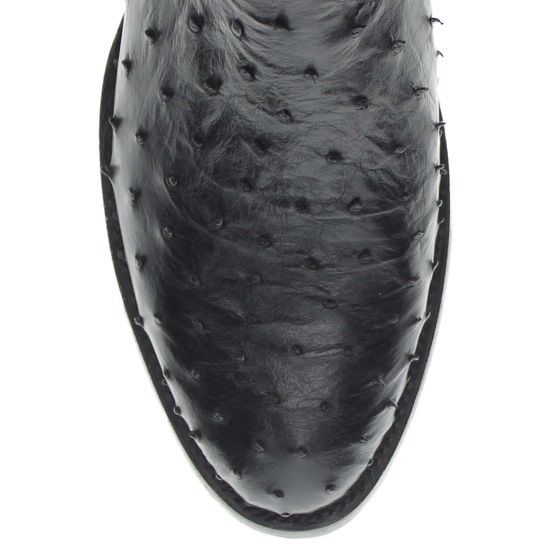 Mens black leather western boots with round toe and decorative stitching, featuring full-quill ostrich leather on the foot for added texture.