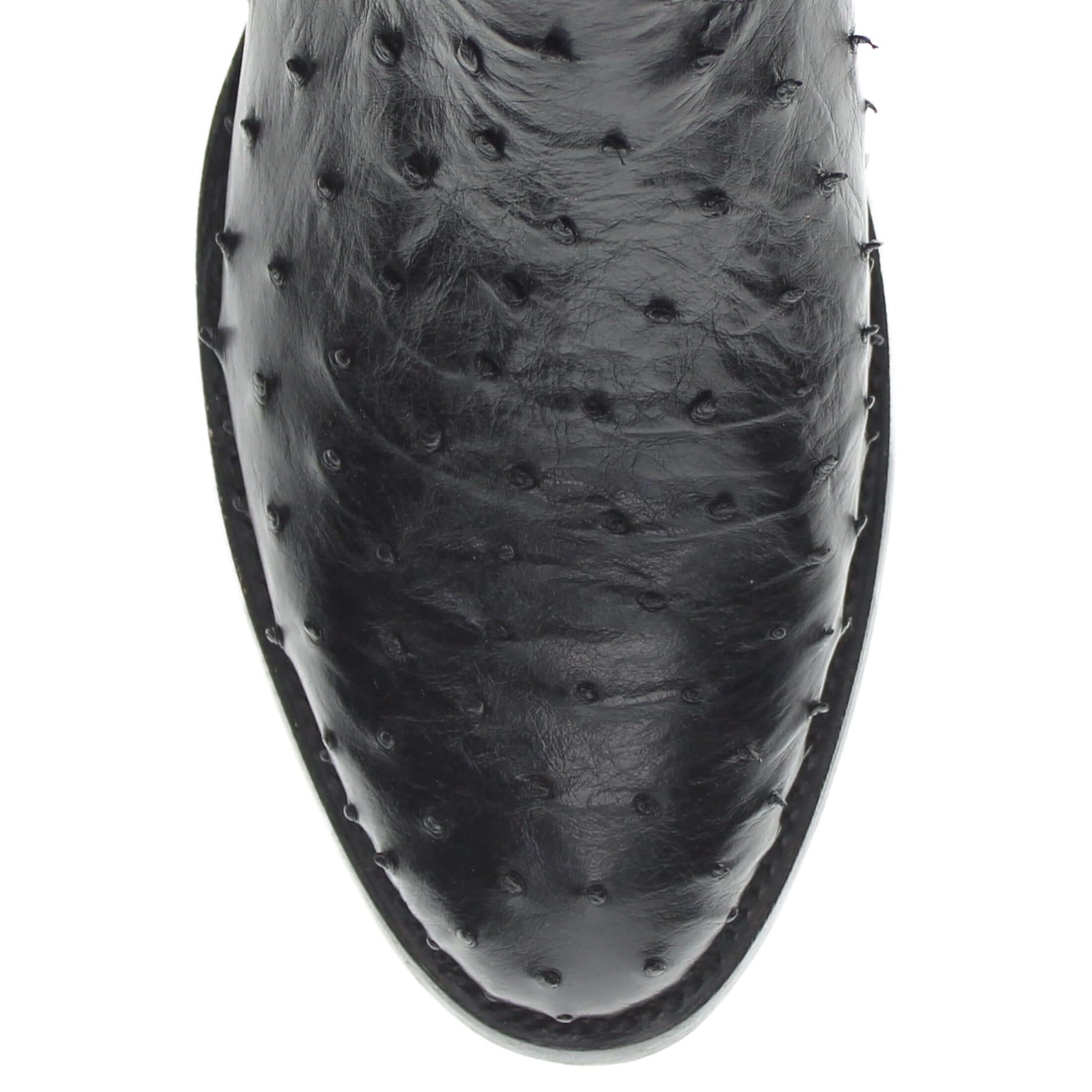 Mens black leather western boots with round toe and decorative stitching, featuring full-quill ostrich leather on the foot for added texture.