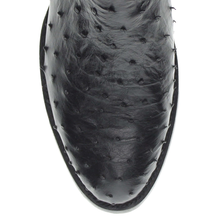 Mens black leather western boots with round toe and decorative stitching, featuring full-quill ostrich leather on the foot for added texture.