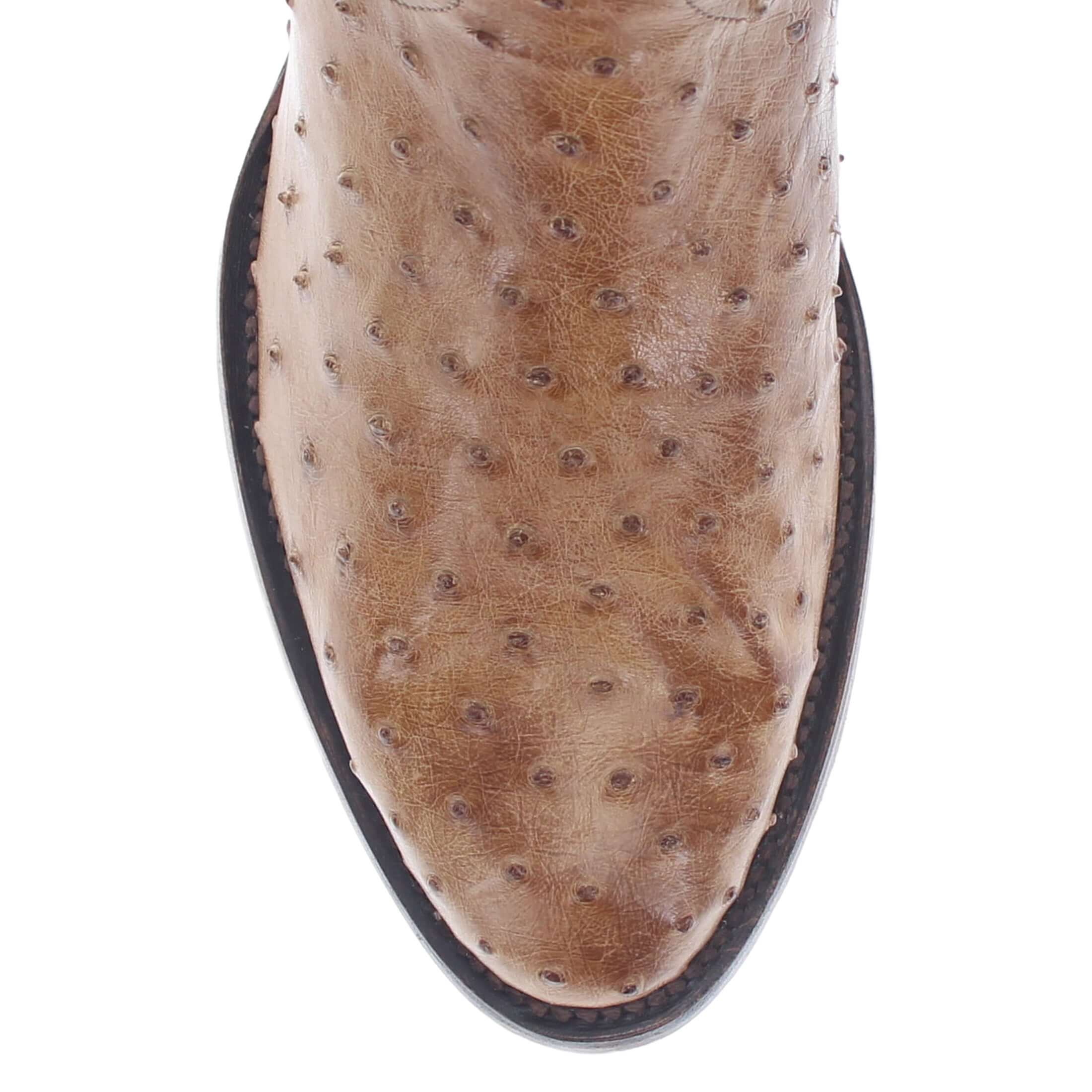 Mens Tan leather western boots with round toe and decorative stitching, featuring full-quill ostrich leather on the foot for added texture.