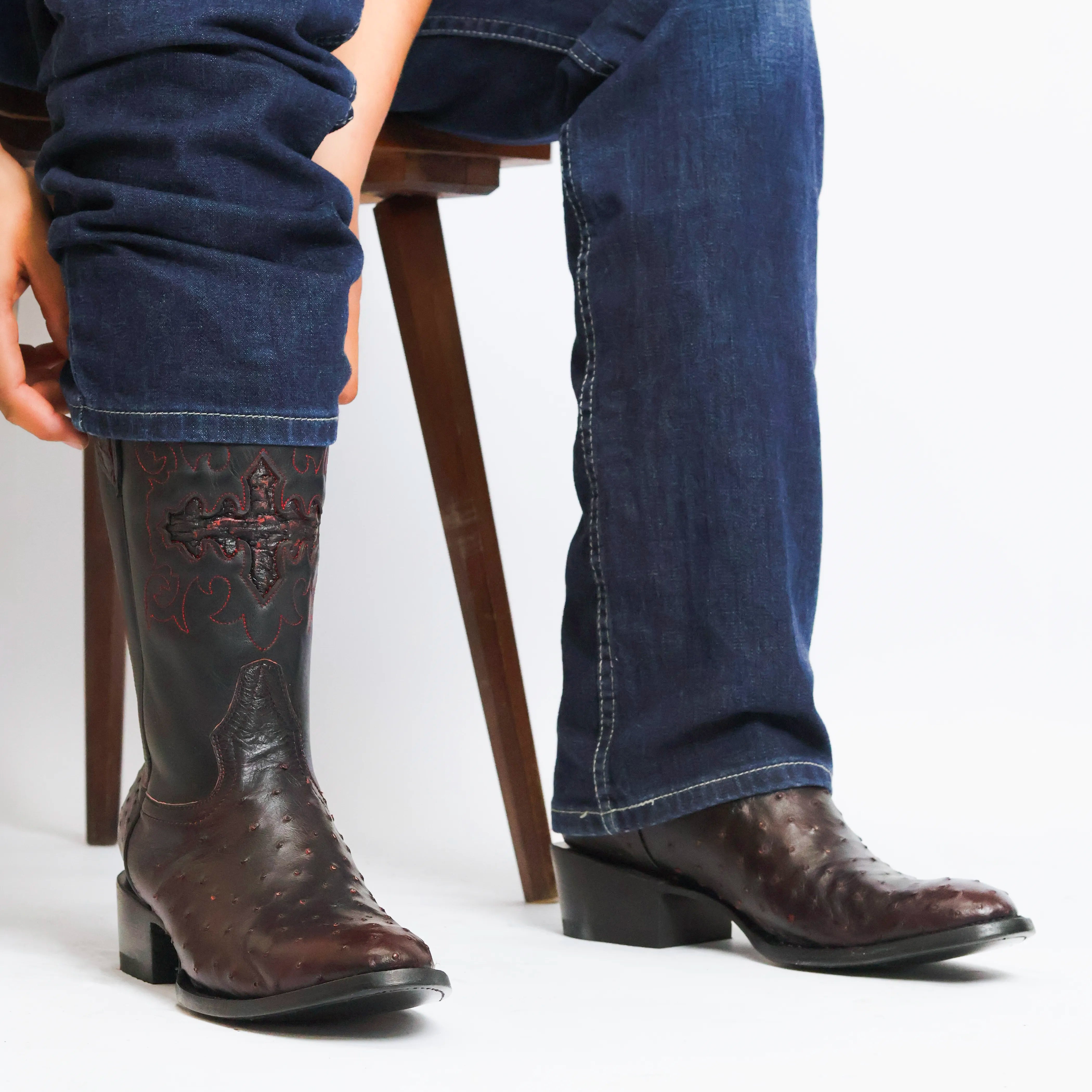 Men's Black Cherry Full Quill Ostrich Round Toe Cowboy Boots by Vaccari