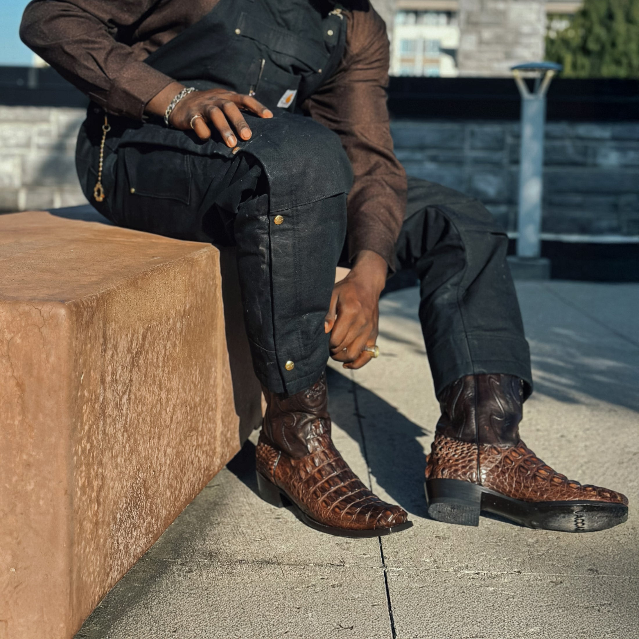Men's Mocha American Alligator Hornback Boots With Inlays by Vaccari