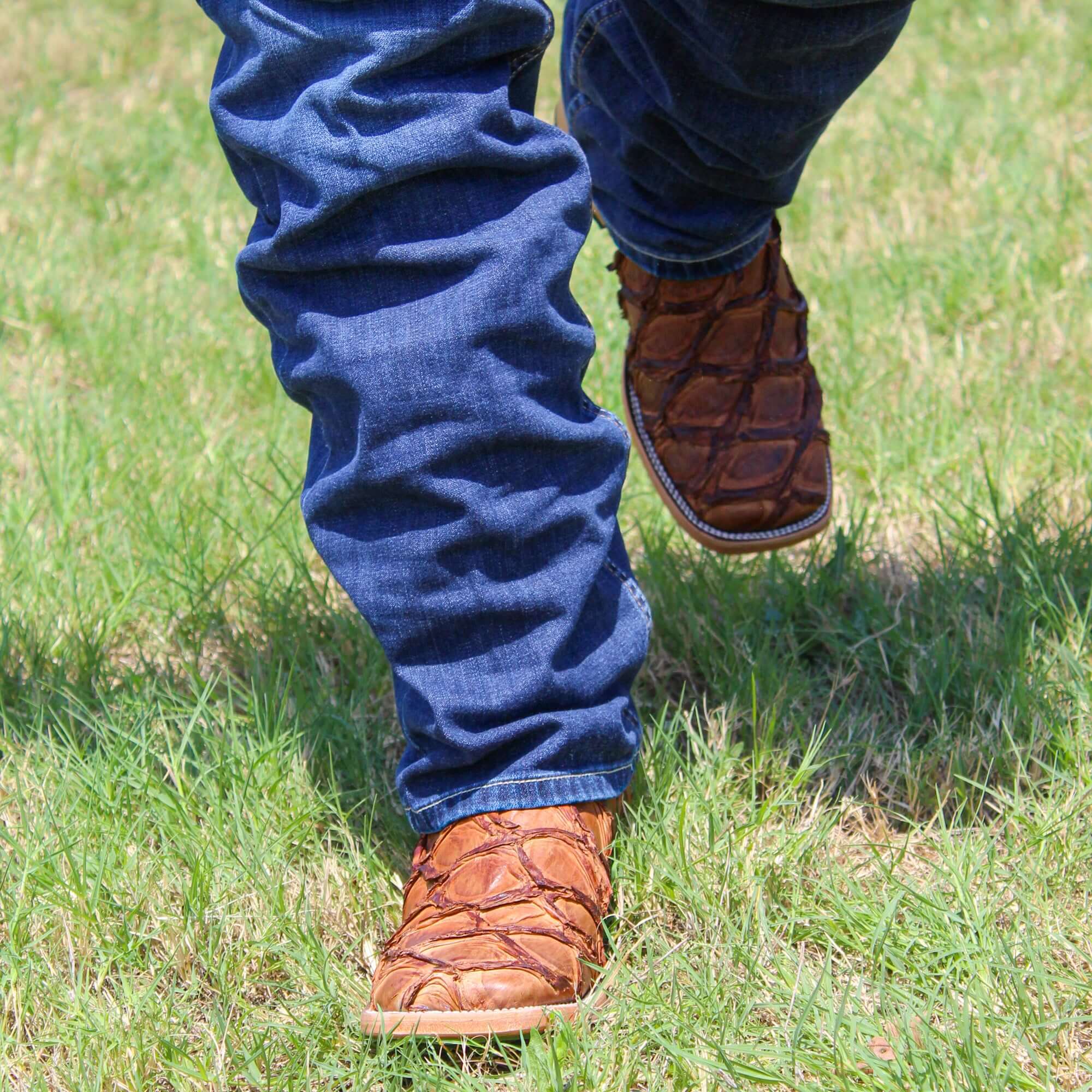 Mens Pecan Pirarucu Fish Leather Square Toe Cowboy Boots by Vaccari