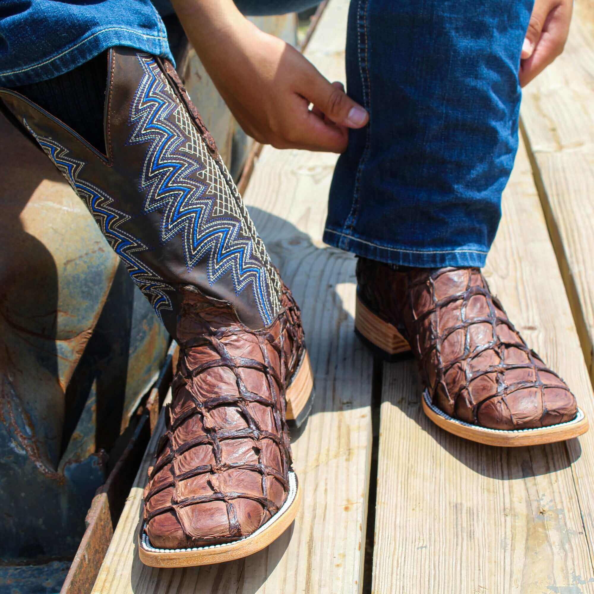 Men's Vaccari Mocha Pirarucu Broad Square Toe Cowboy Boots
